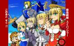  5girls animal_costume armor artoria_pendragon_(all) blonde_hair dark_saber emiya-san_chi_no_kyou_no_gohan fate/extella fate/extra fate/grand_order fate/hollow_ataraxia fate/stay_night fate/unlimited_codes female food girl green_eyes human lion_costume multiple_girls multiple_persona nero_claudius_(fate)_(all) pocky robot saber saber_extra saber_lily saber_lion sword tagme type-moon weapon 