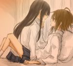  akiyama_mio alternate_hairstyle gogono_pan'ya gogono_panya hair_down k-on! long_hair multiple_girls pillow school_uniform short_hair tainaka_ritsu yuri 