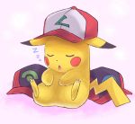  baseball_cap hat leaning_back no_humans pikachu pokemon pokemon_(anime) pokemon_(creature) sitting sleeping turizao 