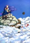 blue_hair boots cloud clouds food frills fruit hat hat_removed headwear_removed hinanawi_tenshi long_hair long_skirt peach red_eyes shiba_murashouji sitting skirt sky touhou wind