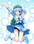 backpack bag blue_eyes blue_hair boots hair_bobbles hair_ornament hat kawashiro_nitori key one-piece_swimsuit school_swimsuit short_hair solo swimsuit swimsuit_under_clothes touhou twintails wink yamasan 