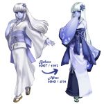  blue_eyes comparison japanese_clothes kenkou_cross kimono long_hair mamono_girl_lover monster_girl monster_girl_encyclopedia original sandals silver_hair yuki_onna 