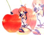  blush cherry earmuffs elbow_gloves food fruit gloves headphones kneeling long_hair mei1225 miki_(vocaloid) minigirl oversized_object red_eyes red_hair redhead sf-a2_miki side_ponytail solo striped striped_legwear striped_thighhighs thigh-highs thighhighs vocaloid zoom_layer 