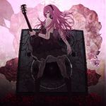  ar black_dress boots dress flower from_behind guitar hairband instrument long_hair looking_back megurine_luka pink_eyes pink_hair rose solo speaker vocaloid 