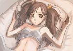  :o bad_id bed bed_sheet brown_eyes brown_hair camisole face lying navel on_back original pillow solo tank_top tea_(artist) twintails 