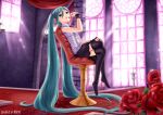  aqua_hair candle chair crazypen crossed_legs flower hatsune_miku legs legs_crossed long_hair rose sitting skirt thigh-highs thighhighs twintails very_long_hair vocaloid window world_is_mine_(vocaloid) wristband 