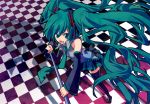  aqua_eyes aqua_hair bad_id checkered checkered_floor detached_sleeves dobu_hinako hatsune_miku headphones long_hair microphone microphone_stand mizo_hinako necktie skirt smile solo thigh-highs thighhighs twintails very_long_hair vocaloid zettai_ryouiki 