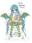  aqua_hair bad_id blush chair dragonite dratini green_eyes long_hair moemon nintendo paopao personification pokemon sitting striped striped_legwear striped_thighhighs thigh-highs thighhighs very_long_hair wings 