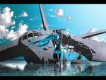  airplane aqua_eyes b-52 bomber cable gloves hatsune_miku headphones highres irena koi_wa_sensou_(vocaloid) letterboxed long_hair megaphone pantyhose reflection ruins skirt sky solo twintails very_long_hair vocaloid wading water 