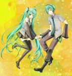  aruhina boots detached_sleeves dual_persona genderswap green_eyes green_hair hand_holding hatsune_miku hatsune_mikuo holding_hands legs long_hair necktie skirt thigh-highs thigh_boots thighhighs twintails very_long_hair vocaloid 