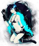  black_hair black_rock_shooter black_rock_shooter_(character) blue_eyes boots flat_chest gloves glowing glowing_eyes highres kneeling long_hair midriff nauchi navel pale_skin scar shorts solo sword twintails uneven_twintails weapon 
