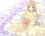  breasts bridal_bouquet bridal_gauntlets bride brown_eyes butterfly cleavage dress feet_in_water flower grey_hair long_hair min-mu petals rose rose_petals soaking_feet solo stairs steps thigh-highs thighhighs water wedding_dress white_legwear white_thighhighs 
