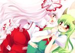  bad_id blush bow dress ex-keine ex_keine fujimura fujiwara_no_mokou green_hair hair_bow horns kamishirasawa_keine long_hair multiple_girls pink_hair red_eyes redhead ribbon ribbons role_reversal silver_hair touhou 