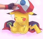  1boy baseball_cap fingerless_gloves gloves hat holding leaning_back pikachu pokemon pokemon_(anime) pokemon_(creature) satoshi_(pokemon) sitting sleeping smile turizao 