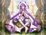  ahoge arm_support artist_request bandages blue_eyes cloak coat head_ornament hood kamui_gakupo long_hair looking_at_viewer nail_polish purple_hair sandals sitting smile very_long_hair vocaloid 