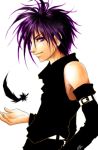   armpits bare_shoulders belt character_request dark_(dnangel) detached_sleeves feather hair_over_one_eye male profile purple_hair short_hair simple_background smile smirk solo spiky_hair violet_eyes  