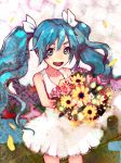  :d aqua_eyes aqua_hair bare_shoulders blue_eyes blue_hair bouquet dress eyebrows flower hatsune_miku highres long_hair looking_at_viewer madokan_suzuki multicolored_eyes open_mouth petals smile solo twintails vocaloid white_dress 