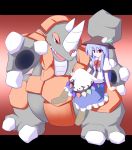  1girl blue_hair crossover hinanawi_tenshi miyo_(miyomiyo01) poke_ball pokemon pokemon_(creature) rhyperior touhou 