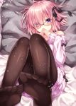  1girl bare_shoulders bed_sheet black-framed_eyewear black_bow black_legwear black_ribbon blush bow commentary_request eyebrows_visible_through_hair eyes_visible_through_hair fate/grand_order fate_(series) feet glasses grey_pillow hair_over_one_eye hair_ribbon long_sleeves mash_kyrielight nogi_takayoshi pantyhose pillow pink_hair pink_sweater ribbon short_hair solo sweater violet_eyes 