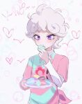  1boy ahoge bangs bede_(pokemon) blush closed_mouth collared_shirt commentary_request curly_hair eating eyebrows_visible_through_hair eyelashes grey_hair gvzzgl heart holding holding_plate male_focus pink_shirt plate pokemon pokemon_(game) pokemon_swsh shirt short_hair solo sparkle tied_shirt undershirt violet_eyes 