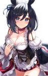  1girl animal_ears black_hair blue_eyes breasts choker detached_sleeves dirndl eishin_flash_(umamusume) eyebrows_visible_through_hair german_clothes highres horse_ears horse_girl horse_tail j_young large_breasts red_choker short_hair simple_background solo tail umamusume upper_body 
