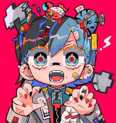  1girl bandages bandaid bandaid_on_cheek bandaid_on_face bandaid_on_nose black_hair black_nails blue_eyes blue_hair claw_pose commentary ear_piercing earrings fangs fingernails gao hair_between_eyes hair_ornament hairclip hands_up highres jacket jewelry long_sleeves looking_at_viewer multicolored_hair nail_polish object_through_head open_mouth original piercing pink_background red_nails short_hair simple_background solo teeth terada_tera two-tone_hair upper_body zipper 