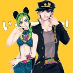  1boy 1girl belt black_hair blue_eyes braid butterfly_ornament butterfly_tattoo chain cheek_pull double_bun father_and_daughter green_hair green_lips hair_cones halter_top halterneck hat jojo_no_kimyou_na_bouken kogatarou kujo_jolyne long_coat midriff multicolored_hair multiple_belts ponytail spider_web_print stardust_crusaders stone_ocean tattoo time_paradox triangle_print two-tone_hair 