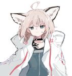  1girl ahoge animal_ear_fluff animal_ears arknights bangs blonde_hair blue_eyes blue_shirt blush closed_mouth coat collarbone eyebrows_visible_through_hair fox_ears long_hair open_clothes open_coat oripathy_lesion_(arknights) sanma_(tabet_) shirt simple_background smile solo sussurro_(arknights) upper_body white_background white_coat 