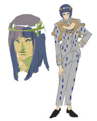  2boys absurdres black_hair black_shoes blue_hair blunt_bangs bob_cut bruno_bucciarati cleavage_cutout clothing_cutout commentary_request full_body green_eyes grey_jacket grey_pants hair_ornament hand_on_own_hip highres jacket jojo_no_kimyou_na_bouken jojolion long_hair long_sleeves looking_at_viewer male_focus multiple_boys pants pectoral_cleavage pectorals polyphone shoes sketch vento_aureo white_background yagiyama_yotsuyu zipper_pull_tab 