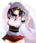  1girl bare_shoulders black_hair blush breasts detached_sleeves eyebrows_visible_through_hair floral_print gradient gradient_background hair_ornament hair_ribbon highres japanese_clothes kantai_collection kimisora large_breasts nontraditional_miko red_eyes remodel_(kantai_collection) ribbon short_hair signature solo upper_body wide_sleeves yamashiro_(kancolle) yamashiro_(kantai_collection) 