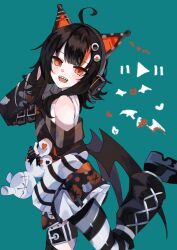 1girl ahoge animal_ear_headphones animal_ears aqua_background arm_belt asymmetrical_legwear asymmetrical_sleeves bare_shoulders bat_wings belt black_choker black_hair black_shoes black_sweater cat_ear_headphones cat_ears choker commentary_request cowboy_shot cross-laced_clothes cross-laced_dress dress eyeball_hair_ornament fake_animal_ears headphones highres ishikimourou layered_dress leg_belt long_sleeves looking_at_viewer loose_socks mahou_shoujo_no_majo_saiban multicolored_hair off-shoulder_sweater off_shoulder open_mouth orange_eyes sawatari_coco sharp_teeth shirt shoes short_hair single_bare_shoulder single_thighhigh skirt skull slit_pupils smile socks solo streaked_hair striped_clothes striped_sleeves striped_thighhighs stuffed_animal stuffed_cat stuffed_toy sweater teeth thigh-highs white_shirt white_skirt wide_sleeves wings 