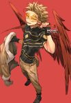  1boy abs artist_name belt black_footwear blonde_hair boku_no_hero_academia brown_pants earrings facial_hair feathered_wings feathers fingerless_gloves forehead full_body fur-trimmed_jacket fur_trim gloves goatee goggles gold_trim hand_up hawks_(boku_no_hero_academia) holding holding_clothes holding_jacket holding_sword holding_weapon jacket jewelry kadeart large_wings legs_apart looking_at_viewer lower_teeth male_focus muscular open_mouth pants pouch red_background red_wings short_hair short_sleeves simple_background solo spiky_hair standing stubble superhero sword teeth thai_commentary thick_eyebrows toned toned_male upper_teeth weapon wings yellow_eyes 