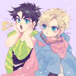  2boys age_regression battle_tendency blonde_hair blue_eyes blue_jacket brown_hair caesar_anthonio_zeppeli child facial_mark fingerless_gloves gloves green_eyes green_scarf hands_on_own_face highres jacket jojo_no_kimyou_na_bouken kogatarou male_focus multicolored_clothes multicolored_scarf multiple_boys oversized_clothes pink_jacket scarf shouting striped striped_scarf yellow_scarf younger 