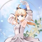  1girl artoria_pendragon_(all) black_bow blonde_hair bow breastplate dress eyebrows_visible_through_hair fate/grand_order fate/unlimited_codes fate_(series) faulds floating_hair fuyuji gauntlets green_eyes hair_between_eyes hair_bow hands_on_hilt highres long_hair looking_at_viewer outdoors petals ponytail saber_lily signature sleeveless sleeveless_dress solo standing white_dress 