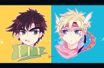  2boys battle_tendency blonde_hair blue_eyes brown_hair caesar_anthonio_zeppeli facial_mark feather_hair_ornament feathers green_eyes green_scarf grimace hair_ornament headband jojo_no_kimyou_na_bouken joseph_joestar joseph_joestar_(young) kogatarou lettterboxed male_focus multiple_boys pink_scarf scarf striped striped_scarf triangle_print 