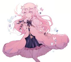  1girl arcaea black_bow black_bowtie black_dress bow bowtie clses commentary_request cowboy_shot crossed_bangs dress flower_wreath frilled_dress frilled_sleeves frilled_wrist_cuffs frills hair_between_eyes high-low_dress highres hikari_(arcaea) hikari_(reunion)_(arcaea) layered_dress long_hair looking_at_viewer pink_eyes pink_hair ribbon simple_background solo white_background white_dress white_wrist_cuffs wrist_cuffs wrist_ribbon 