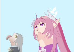 2girls cyrene_(honkai:_star_rail) enigmasli facing_up flower from_side goku_and_vegeta_in_the_rain_(meme) grey_hair hair_flower hair_ornament head_back highres honkai:_star_rail honkai_(series) long_hair meme meme_combination multiple_girls parody pink_hair pointy_ears simple_background smile stelle_(honkai:_star_rail) tongue tongue_out trailblazer_(honkai:_star_rail) upward_angle_frieren_drawing_(meme) violet_eyes yellow_eyes 