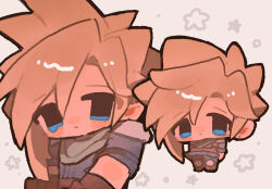  1boy armor blonde_hair blue_eyes blue_jacket blue_pants blush blym7oym7759061 boots brown_boots brown_gloves chibi closed_mouth cloud_strife crisis_core:_final_fantasy_vii final_fantasy final_fantasy_vii full_body gloves green_scarf hair_between_eyes highres jacket male_focus multiple_views pants scarf shinra_infantry_uniform short_hair shoulder_armor simple_background spiky_hair standing star_(symbol) upper_body 
