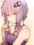  1girl at2. bare_shoulders blush closed_mouth collarbone eyebrows_visible_through_hair highres index_finger_raised long_hair looking_at_viewer low_twintails purple_hair smile solo twintails violet_eyes vocaloid voiceroid yuzuki_yukari 