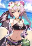  1girl absurdres animal_ears arknights arm_up bangs bare_shoulders beach bikini black_bikini black_choker black_shorts blue_sky breasts choker clouds commentary_request cowboy_shot day eyewear_on_head hair_between_eyes highres jewelry k@bu lin_yuhsia_(arknights) long_hair looking_at_viewer medium_breasts mouse_ears navel necklace off_shoulder official_alternate_costume outdoors pink_eyes pink_hair short_shorts shorts sky solo standing stomach sunglasses swimsuit water 
