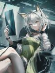  1girl animal_ear_fluff animal_ears arknights breasts cat_ears chair closed_mouth commentary_request crossed_legs dress green_dress green_eyes hand_in_hair holding holding_tablet_pc indoors kal&#039;tsit_(arknights) long_hair long_sleeves medium_breasts official_art sample short_dress silver_hair sitting solo stethoscope swav tablet_pc watch watch 