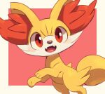  animal_focus blush fangs fennekin looking_at_viewer makoto_ikemu no_humans open_mouth orange_eyes pink_background pokemon pokemon_(creature) solo symbol-only_commentary tongue 