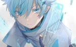 1boy absurdres bangs blue_eyes chongyun_(genshin_impact) close-up closed_mouth commentary_request eyelashes genshin_impact highres hood hoodie leaning_forward light_blue_hair looking_at_viewer male_focus nakura_hakuto serious short_hair simple_background slit_pupils solo talisman white_background white_hoodie 