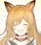  1girl :d ^_^ animal_ears arknights bangs brown_hair ceobe_(arknights) closed_eyes dog_ears eyebrows_visible_through_hair facing_viewer fangs hair_between_eyes long_hair shirt smile solo toufu_mentaru_zabuton upper_body white_shirt 