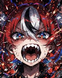 1girl animal_ears blue_eyes hakos_baelz hololive hololive_english mouse_ears multicolored_hair nez_n portrait red_hair screaming sharp_teeth streaked_hair sweat teeth virtual_youtuber 