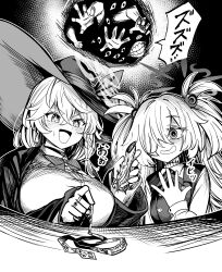  +_+ 2girls absurdres blue_archive bow bowtie breasts commentary_request darkness eri_(blue_archive) greyscale hair_over_one_eye halo hat highres jewelry jujutsu_kaisen kanoe_(blue_archive) large_breasts long_hair monochrome multiple_girls ring ryoumen_sukuna's_fingers severed_finger striped_bow striped_bowtie striped_clothes synchroman twintails witch_hat 