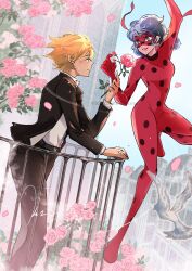  1boy 1girl adrien_agreste artist_name balcony black_jacket black_pants blue_eyes blue_hair bodysuit collared_shirt commentary_request earrings eye_mask flower highres holding holding_flower jacket jewelry k202840fukuona ladybug_(miraculous_ladybug) marinette_dupain-cheng mask miraculous_ladybug pants petals pink_flower pink_petals pink_rose polka_dot_bodysuit railing red_bodysuit red_mask rose shirt smile suit_jacket superhero_costume white_shirt 