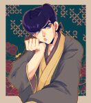  1boy alternate_costume blue_eyes diamond_wa_kudakenai hand_on_own_chin head_rest higashikata_josuke highres japanese_clothes jojo_no_kimyou_na_bouken kimono kogatarou male_focus pompadour purple_hair solo 