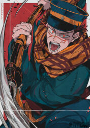  1boy arisaka bayonet blood blood_on_clothes blue_jacket blue_pants bolt_action border brown_hair commentary_request dated golden_kamuy gun hat holding holding_gun holding_weapon jacket kepi male_focus military_hat military_uniform open_mouth outside_border pants red_eyes rifle scar scar_on_face scarf screaming short_hair solo sugimoto_saichi teeth u_u_ki_u_u weapon white_border yellow_scarf 
