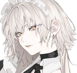  1girl black_choker choker commentary earrings fate/grand_order fate_(series) from_side hair_between_eyes highres jeanne_d'arc_alter_(fate) jewelry lips looking_at_viewer maid maid_headdress neck_ribbon open_mouth parted_lips portrait ri_o_ne_su ribbon short_hair simple_background solo white_background white_hair yellow_eyes 